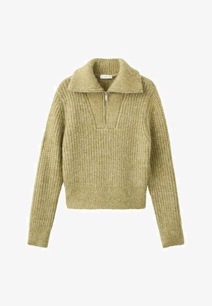 Pull en tricot vert clair avec une fermeture éclair quart, un large col, une texture côtelée et une longueur courte. Détails de surpiqûres horizontales remarquables.