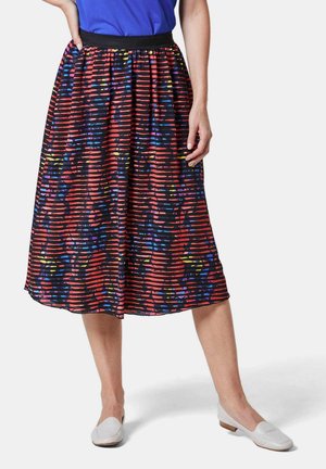 Gonna multicolore fino al ginocchio con un design a motivi di strisce orizzontali in rosso, nero e blu. Vita in elastico nera.