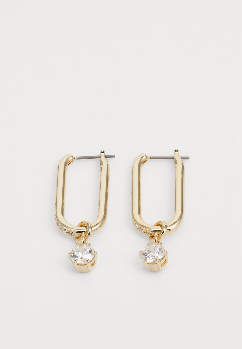 Kuldne rõngas kõrvarõngas, millel on ristkülikukujuline kuju, ümar kristalline tilk ja rida väikseid selgeid kive ülemisel serval.