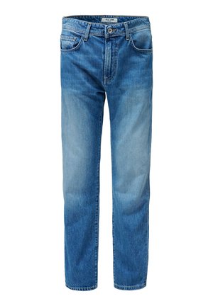 Jeans in denim azzurro chiaro con taglio dritto, design a cinque tasche e dettagli di cucitura visibili. Il tessuto ha una texture liscia con una leggera scoloritura.