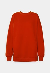 Röd sweatshirt med lång ärm, ribbad rundhals och ribbade muddar. Slät tygtextur med en avslappnad, oversized passform. Inga synliga mönster.