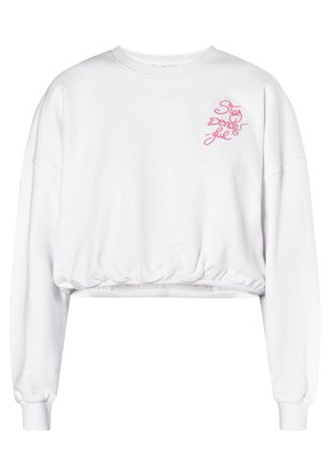 Bílá zkrácená mikina s dlouhými rukávy, nařaseným spodním lemem a růžovým výšivkovým nápisem na hrudi. Měkká textura, pohodlný design.