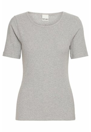 Graues, geripptes T-Shirt mit kurzen Ärmeln und rundem Ausschnitt. Der Stoff ist weich und leicht dehnbar. Das Etikett lautet "ICHI."