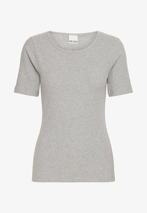 Grijs geribbeld T-shirt met korte mouwen en een ronde hals. De stof is zacht en iets rekbaar. Het label zegt "ICHI."