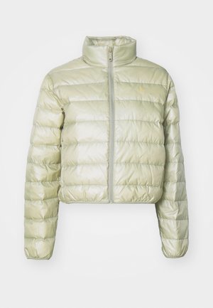 Cropped, light green puffer jacket made of shiny material. Features a high collar, zip front, and horizontal quilted pattern.