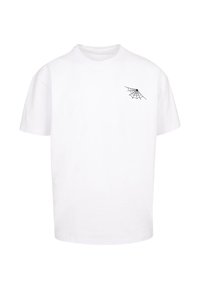 Hvid bomulds t-shirt med korte ærmer og rund hals. Et lille sort edderkoppespind grafik er placeret på venstre brystområde.
