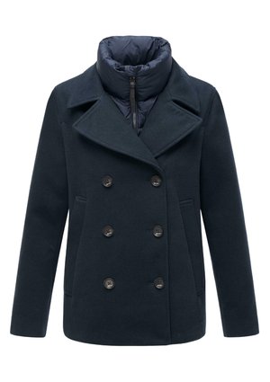 Marineblauwe dubbelgeknoopte peacoat met grote zwarte knopen, gemaakt van wol, met een hoge kraag en een gewatteerde binnenlaag.