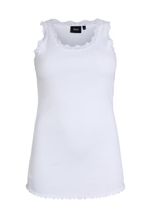 Weißes, ärmelloses, geripptes Tanktop mit Spitzenbesatz an Ausschnitt und Armausschnitten, Größe M, Markenetikett "Zizzi" sichtbar.