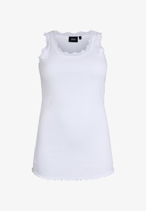 Biały, bezrękawnik w prążki z koronkową lamówką wokół dekoltu i pach, rozmiar średni, widoczna metka marki "Zizzi".