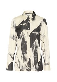 Button-up shirt in cream and black, featuring an abstract brushstroke pattern. Long sleeves, flexible fabric, and traditional collar design.