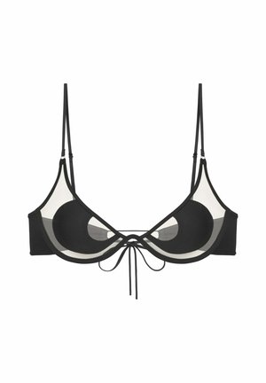 Reggiseno nero con coppe trasparenti, un fiocco centrale, sottili spalline regolabili e un design elegante con accenti di tessuto a contrasto.
