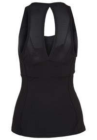 Zwarte sportieve tanktop met een conische snit, racerback ontwerp, mesh paneel voor ademend vermogen en een gladde textuur. Geen zichtbare logo's.