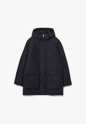 Giacca parka blu navy con cappuccio, dotata di due tasche anteriori, taglio dritto e tessuto liscio e strutturato.