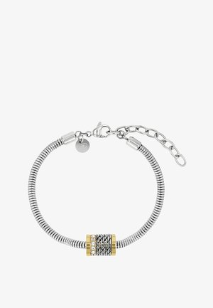 Silbernes Schlangenkettchen-Armband mit zylindrischem, goldakzentuiertem Anhänger mit abwechselnden Metallgliedern und klaren Strasssteinen, gesichert mit Karabinerverschluss.