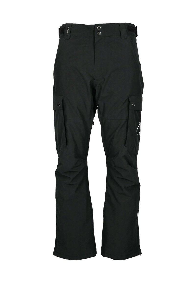 Zwarte waterdichte cargobroek met twee zijzakken, een ritssluiting en een verstelbare taille. Gelaagd stof met logo op de bovenbeen.