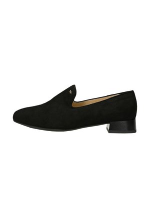 Scarpe slip-on in suede nero con tacco basso a blocco, punta appuntita e discreto accento del marchio sul lato.