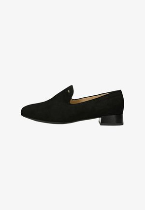 Scarpe slip-on in suede nero con tacco basso a blocco, punta appuntita e discreto accento del marchio sul lato.
