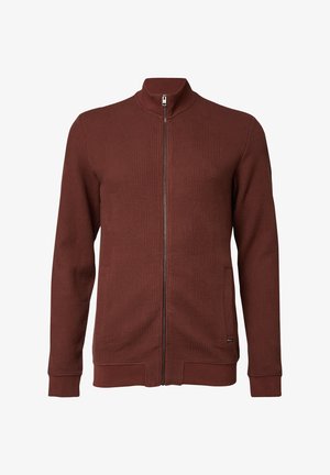 Herrenjacke mit Reißverschluss, langärmlig, braun, texturiert, Stehkragen, gerippte Bündchen und Saum, Fronttaschen und silberner Reißverschluss.