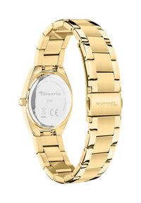 Goldfarbene Edelstahl-Uhr mit polierter Band, rundem Gehäuse und silbernem Rückenteil. Enthält Logo und Wasserdichtigkeitsanzeige.