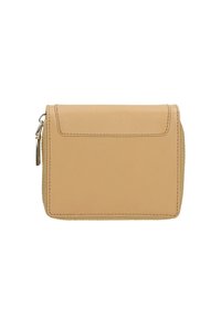 Portafogli in pelle tan con una texture liscia, dotato di chiusura a zip e design strutturato. Include dettagli di cucitura lungo i bordi.