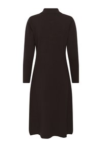 Robe noire à manches longues jusqu'au genou avec un col montant, vue de dos sur fond blanc.