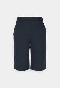 Pantalones cortos azul marino hechos de tela resistente, con corte recto, cinturilla estándar y dobladillo a la altura de la rodilla. Diseño minimalista, sin patrones visibles.