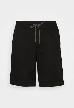Schwarze Schwimmshorts aus leichtem Material, mit elastischem Bund, Kordelzugverschluss und Seitentaschen. Glatte Textur.