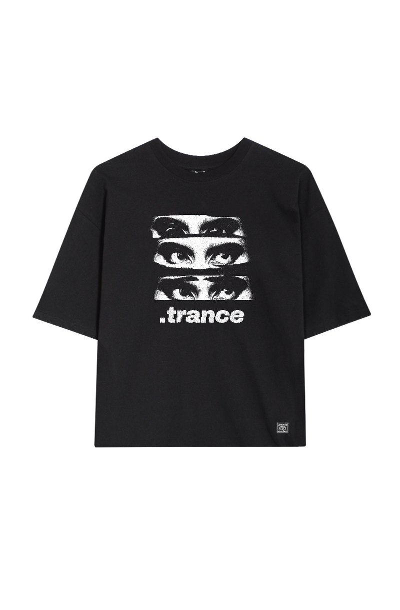 Black cotton t-shirt featuring a graphic of three pairs of eyes above the word ".trance" in bold white text. Short sleeves, relaxed fit.