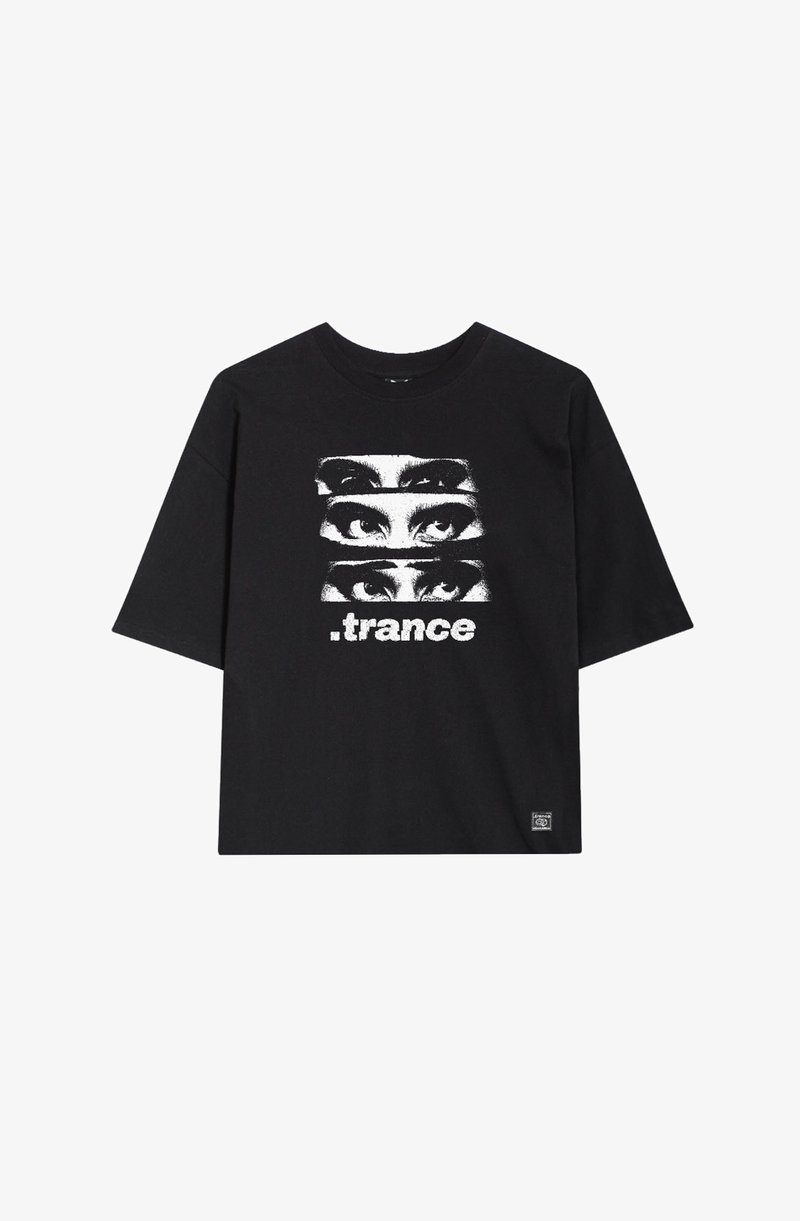 Black cotton t-shirt featuring a graphic of three pairs of eyes above the word ".trance" in bold white text. Short sleeves, relaxed fit.