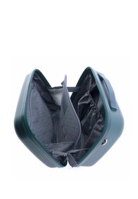 Bolso rígido verde con un interior de tela gris. Presenta dos compartimentos separados por un divisor, bolsillos elasticados y un cierre de cremallera.