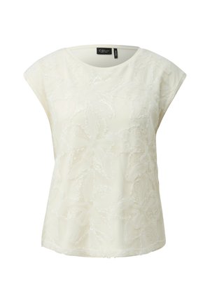 Witte blouse met korte mouwen met geborduurde bloemen van kant en pailletten, ronde halslijn en een losse pasvorm.