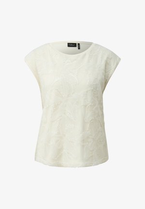 Blouse blanche à manches courtes avec broderie florale en dentelle et paillettes, col rond et coupe décontractée.