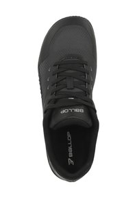 Black athletic shoe featuring a textured upper, lace closure, and padded collar. Logo visible on the tongue and side. Lightweight design.
