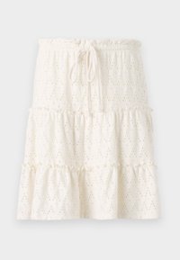 Jupe blanche à volants avec motif en œillets, taille élastique avec cordon de serrage et ourlet froncé, fabriquée en tissu léger.