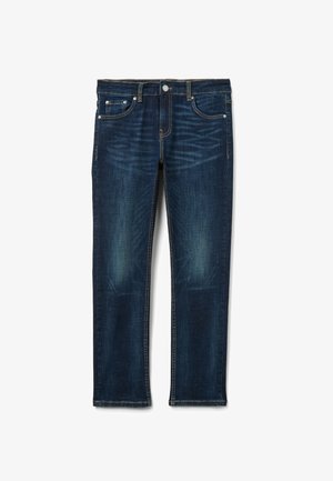 Jeans in denim blu scuro con design a gamba dritta, cuciture visibili, cinque tasche e sottili accenti sbiaditi sul davanti.