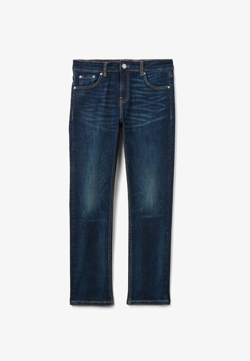 Jeans de mezclilla azul oscuro con diseño de pierna recta, costuras visibles, cinco bolsillos y sutiles acentos descoloridos en la parte frontal.