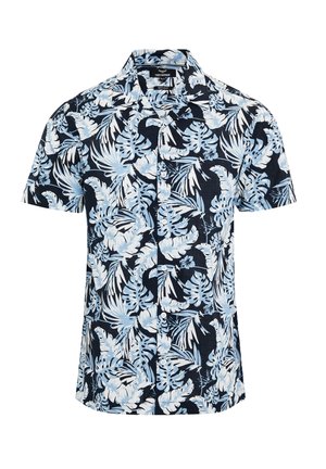Korte mouw knoopjesoverhemd in marineblauw met een groot wit en lichtblauw tropisch bladvormig patroon; gemaakt van lichtgewicht stof, casual pasvorm.