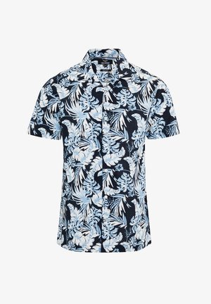 Kurzarm-Hemd mit Knopfleiste in Marineblau, großes Muster mit weißen und hellblauen tropischen Blättern; aus leichtem Stoff, lässiger Schnitt.