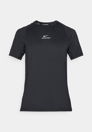 Svart kortärmad Nike Pro atletisk kompressionsskjorta med vitt Nike-logotyp centrerad på bröstet.