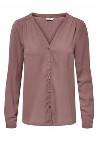 Blusa a maniche lunghe con scollatura a V in color malva, caratterizzata da una delicata texture, bottoni frontali e dettagli plissettati sulle spalle.