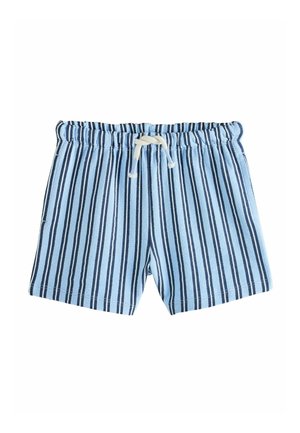 Hellblaue Shorts mit vertikalen dunkelblauen und weißen Streifen, elastischem Bund und weißer Kordel zum Binden vorne.