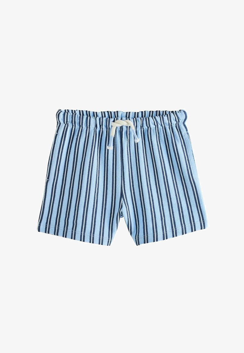 Pantalones cortos azul claro con rayas verticales en azul marino y blanco, cintura elástica y cordón blanco ajustable en la parte delantera.