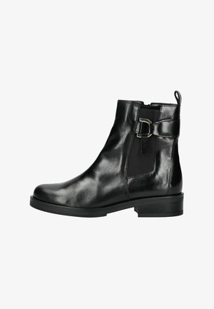 Black leather ankle boot with side buckle strap, elastic panel, pull tab, and low stacked heel, shown from the outer side.
