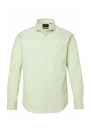 Langärmeliges, blassgrünes Hemd mit Knöpfen, Kragen und einem dezenten "JP" auf der Brust gestickt.