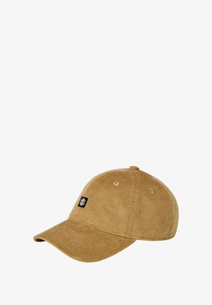 Tiegelkord-Baseballmütze in Tan mit strukturiertem Schirm, versehen mit einem schwarzen Logopatch und sechs Belüftungsösen oben.