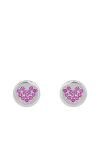 Pendientes de plata con diseño en forma de corazón, adornados con piedras preciosas rosas y un borde texturizado, con un acabado pulido.