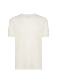 Maglietta a maniche corte, collo tondo, di colore bianco sporco esposta su uno sfondo bianco, vista frontale.