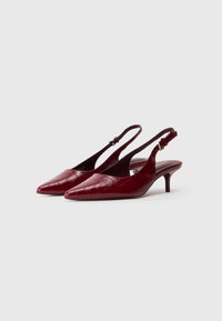 Pár burgundských lodičiek so špicatou špičkou a slingbackom s nízkym stiletto podpätkom a krokodílovou textúrou na jednoduchom pozadí.