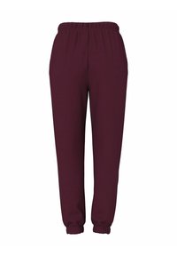 Vijolične trenirke s elastičnim pasom in manšetami, z gladkim materialom in sproščenim krojem, idealne za udobje in vsakodnevno nošenje.