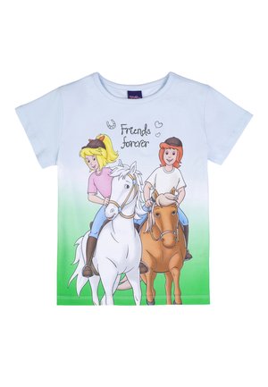 Kinder-T-Shirt mit einer Illustration von zwei Kindern, die Pferde reiten, und dem Text "Freunde für immer" darüber auf einem grünen Farbverlaufhintergrund.